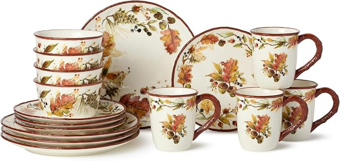 Autumn Meadows 16-Piece DINNERWARE SET, SERVICE for 4 — Complete harvest table artistry for four, uniting hand-painted botanicals, warm russet rims, and the golden glow of the season. | Amazon (US)