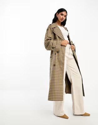 ASOS DESIGN check trench coat in brown | ASOS (Global)