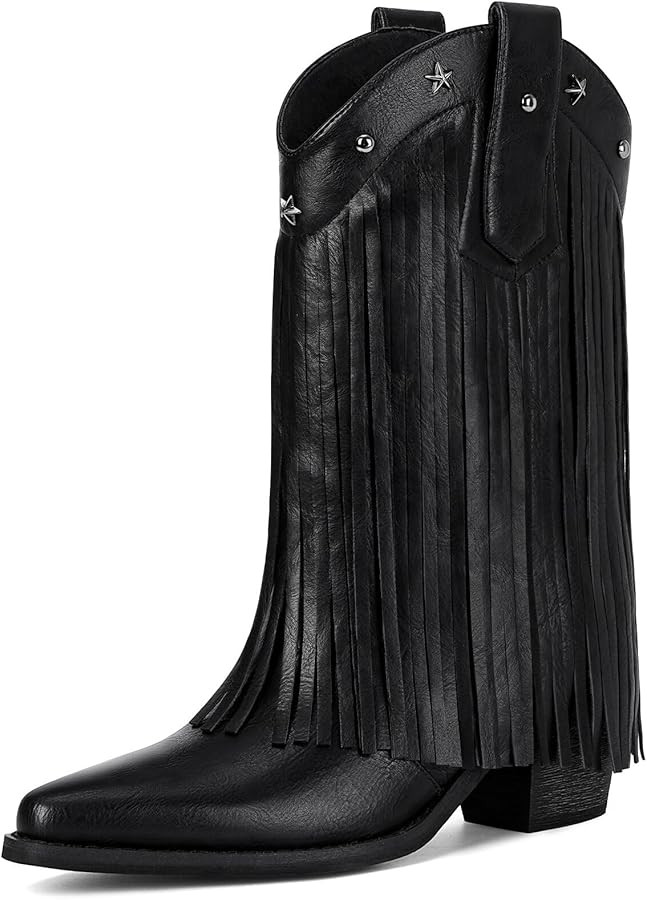 Fringe Cowboy Boots for Women – Mid Calf Cowgirl Boots with Star Studded, Pointed Toe and Chunk... | Amazon (US)