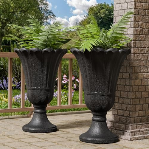 Trygoal 23.6" Tall Plastic Urn Planters for Outdoor Plants, Set of 2 Heavy-Duty Classic Indoor Large Flower Pots with Drainage Holes & Petal Design, Outdoor Planters for Porch, Home Garden, Black | Amazon (US)