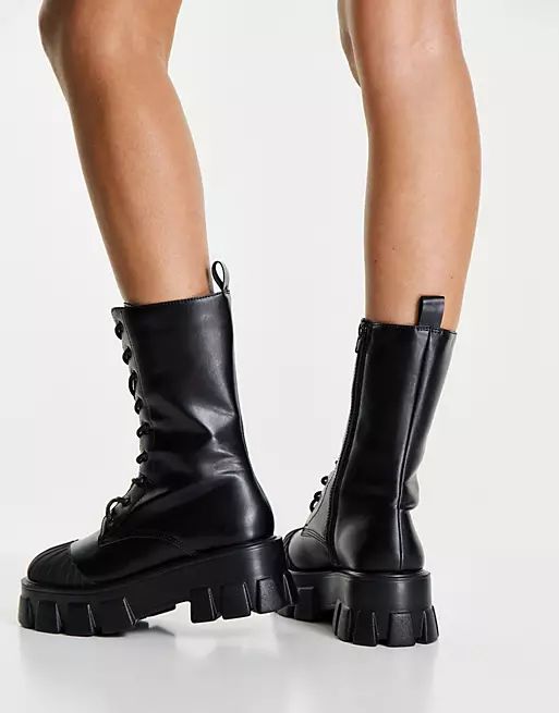 Truffle Collection chunky lace up boots in black with exaggerated sole | ASOS (Global)