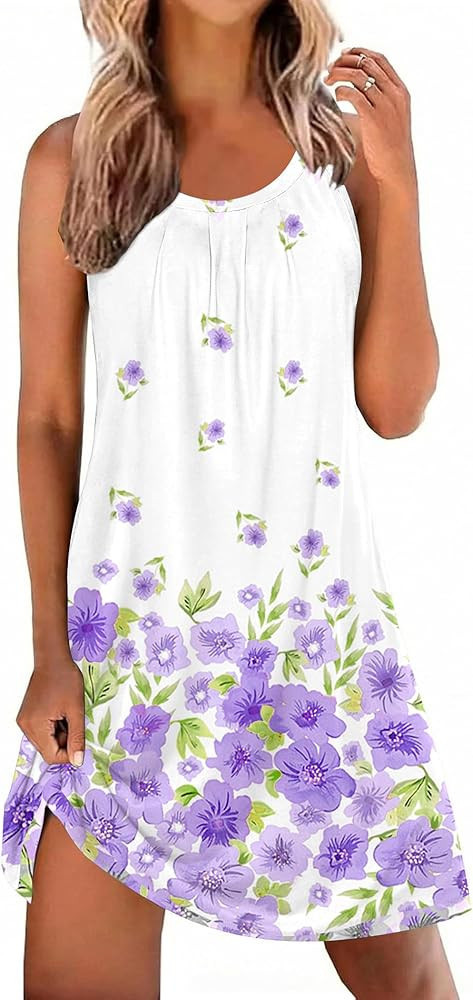 Ekouaer Tank Nightgowns for Women Sleeveless Sleepwear Wide Strap Sleep Shirt Pleated Print Sleep... | Amazon (US)