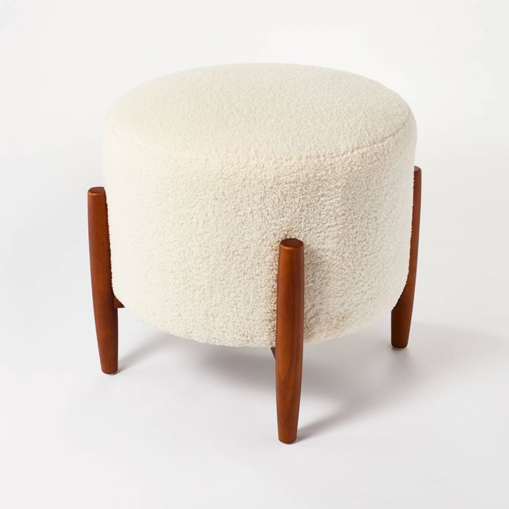 Elroy Sherpa Round Ottoman with Wood Legs Cream - Threshold™ designed with Studio McGee | Target