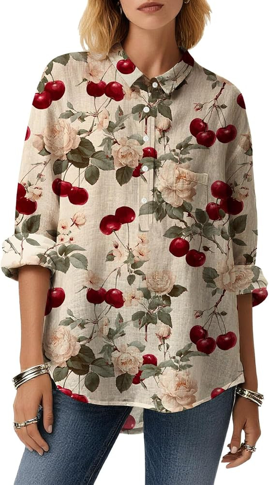 Womens Fruit Print Tops Casual Long Sleeve Lapel Front Buttons Fall Garden Blouse Classic Irregul... | Amazon (US)