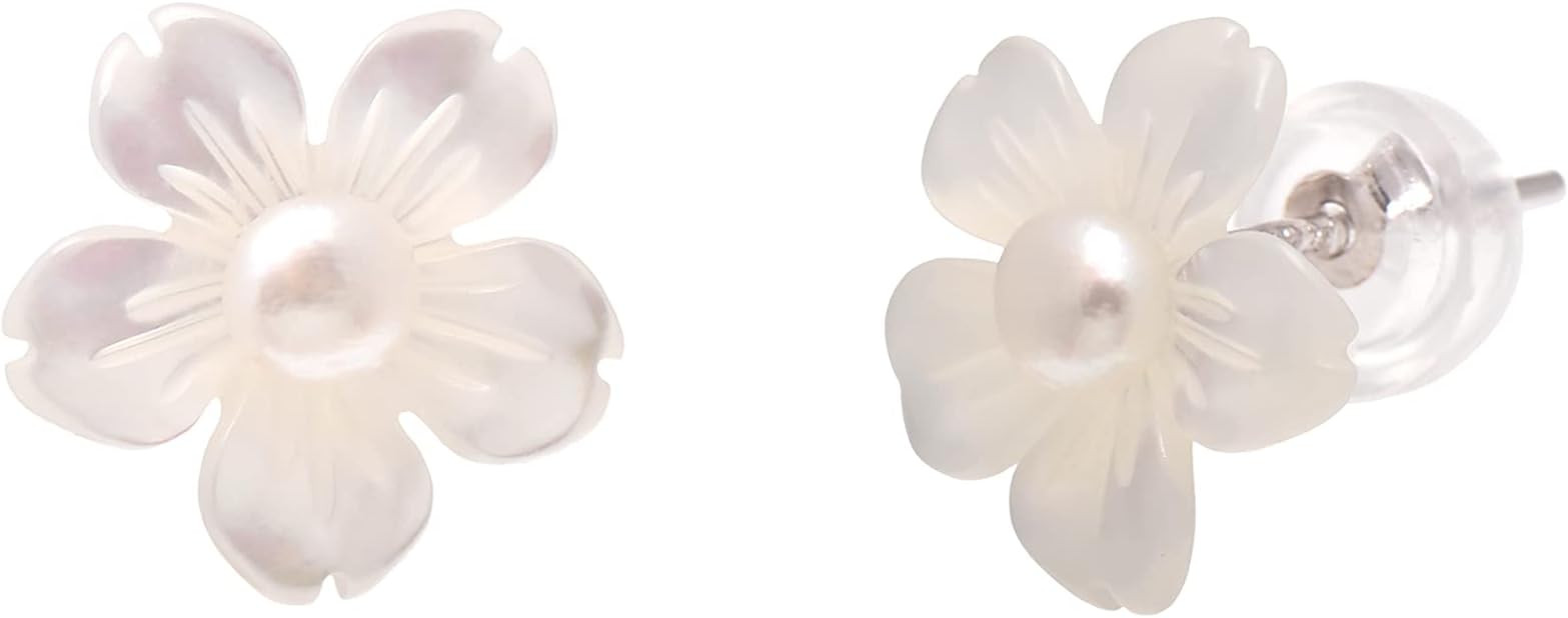 Freshwater Cultured Pearl Studs Hand Carved Shell Flower Earrings for Women, White | Amazon (US)