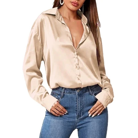 Zeagoo Silk Shirt for Women Smooth Satin Long Sleeve V Neck Casual Office Work Blouse Tunic Tops | Walmart (US)