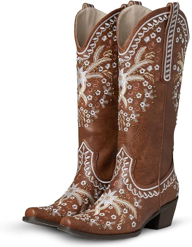 EQAUDES Western Cowboy Boots Cowgirl Chunky Heel Mid Calf Boot Snip Toe Embroidery Riding Boots | Amazon (US)