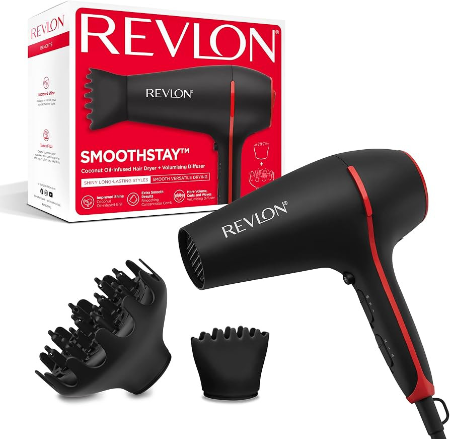 Revlon Smoothstay coconut oil-infused hair dryer (2000 watts, 2 accessories for styling versatili... | Amazon (UK)