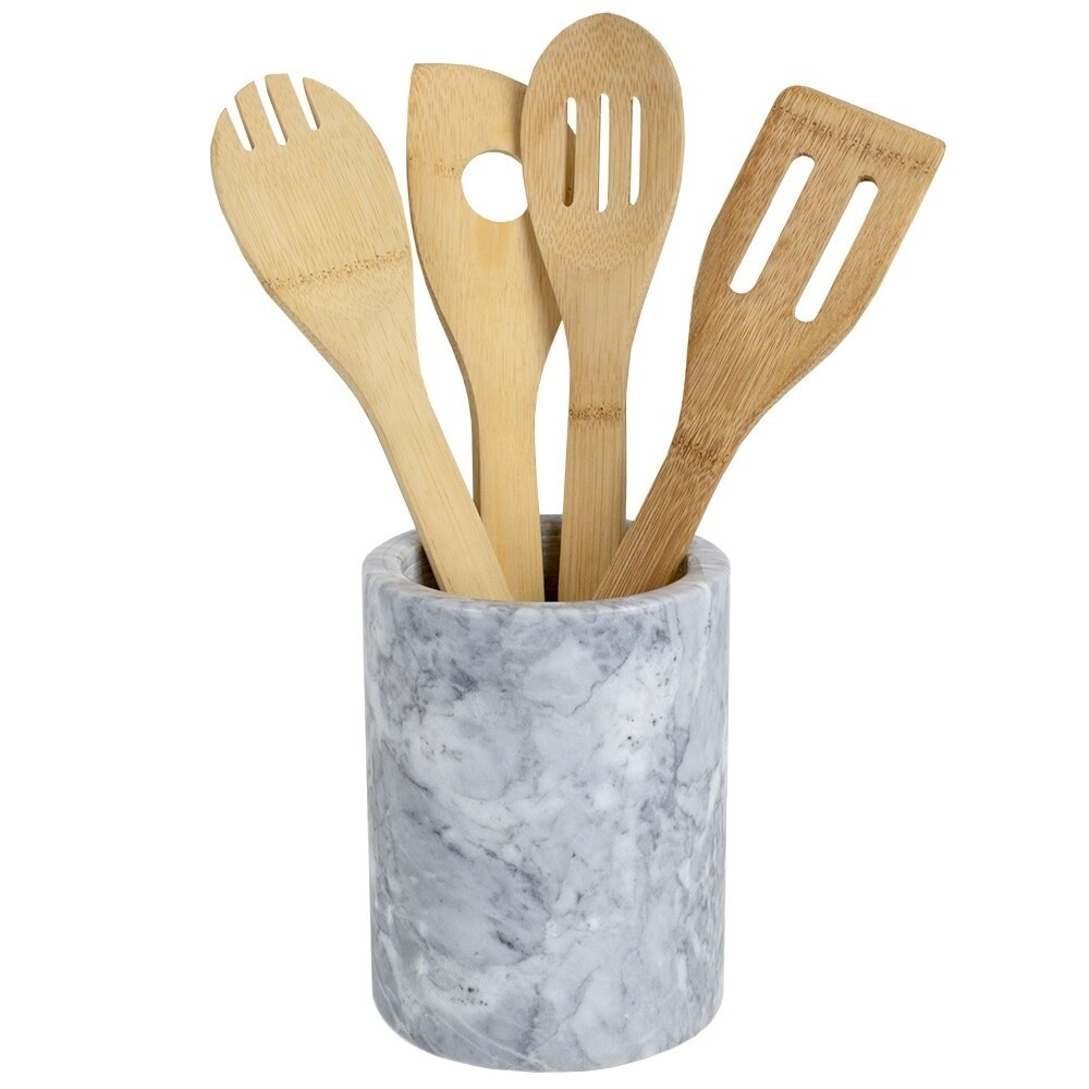 Heavy Duty Large Capacity Compact Marble Utensil Holder, White | Bed Bath & Beyond