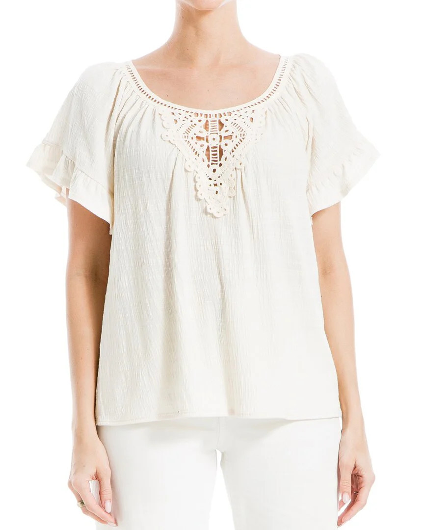 Max Studio Flutter Sleeve Crochet Yoke Knit Top | Shop Simon