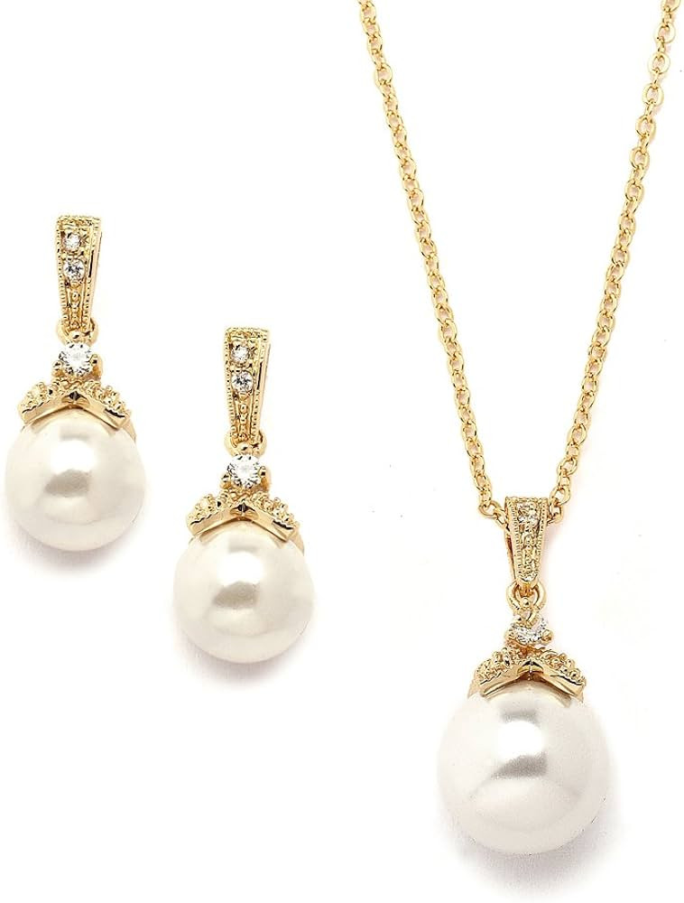 Mariell Pearl Drop Bridal Necklace Earrings Set with CZ Crystals for Bride, Bridesmaid, Birthday ... | Amazon (US)