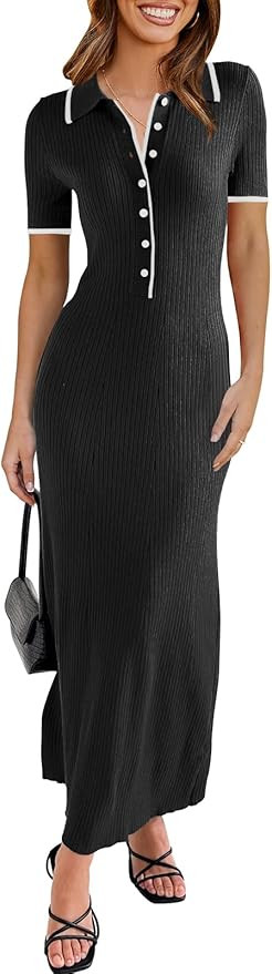 Saodimallsu Womens Short Sleeve Maxi Dress Summer Bodycon Button V Neck Collared Knit Elegant Par... | Amazon (US)