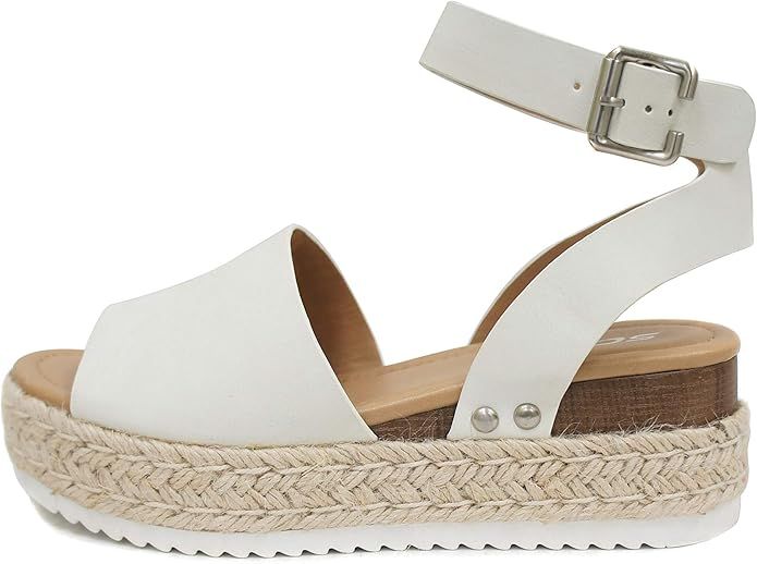 Soda Topic Open Toe Buckle Ankle Strap Espadrilles Flatform Wedge Casual Sandal | Amazon (US)