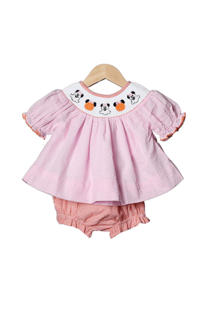 Smocked Pumpkin Mouse Pink Gingham Bloomer Set | The Smocked Flamingo