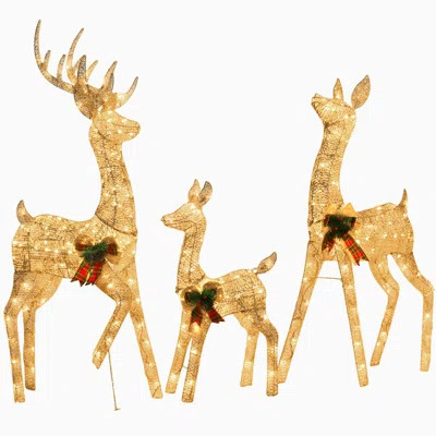 Light Up Deer Family Set Of 3, Outdoor Christmas Decorations 60"/48"/32" Gold Reindeer With 300 Warm White LED, Christmas Deer Cotton Twine Deer With | Wayfair North America