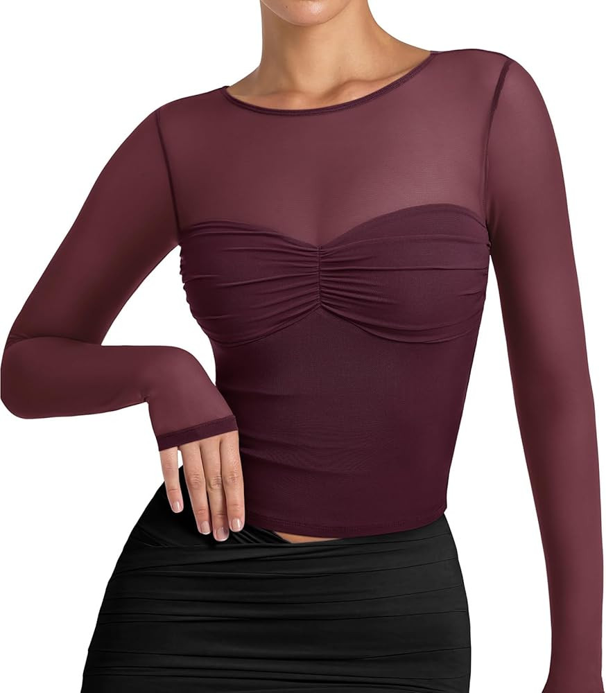 REORIA Womens 2025 Lace Long Sleeve Tops Sexy Mesh Sheer Y2k V Neck Shirts See Through Blouses | Amazon (US)