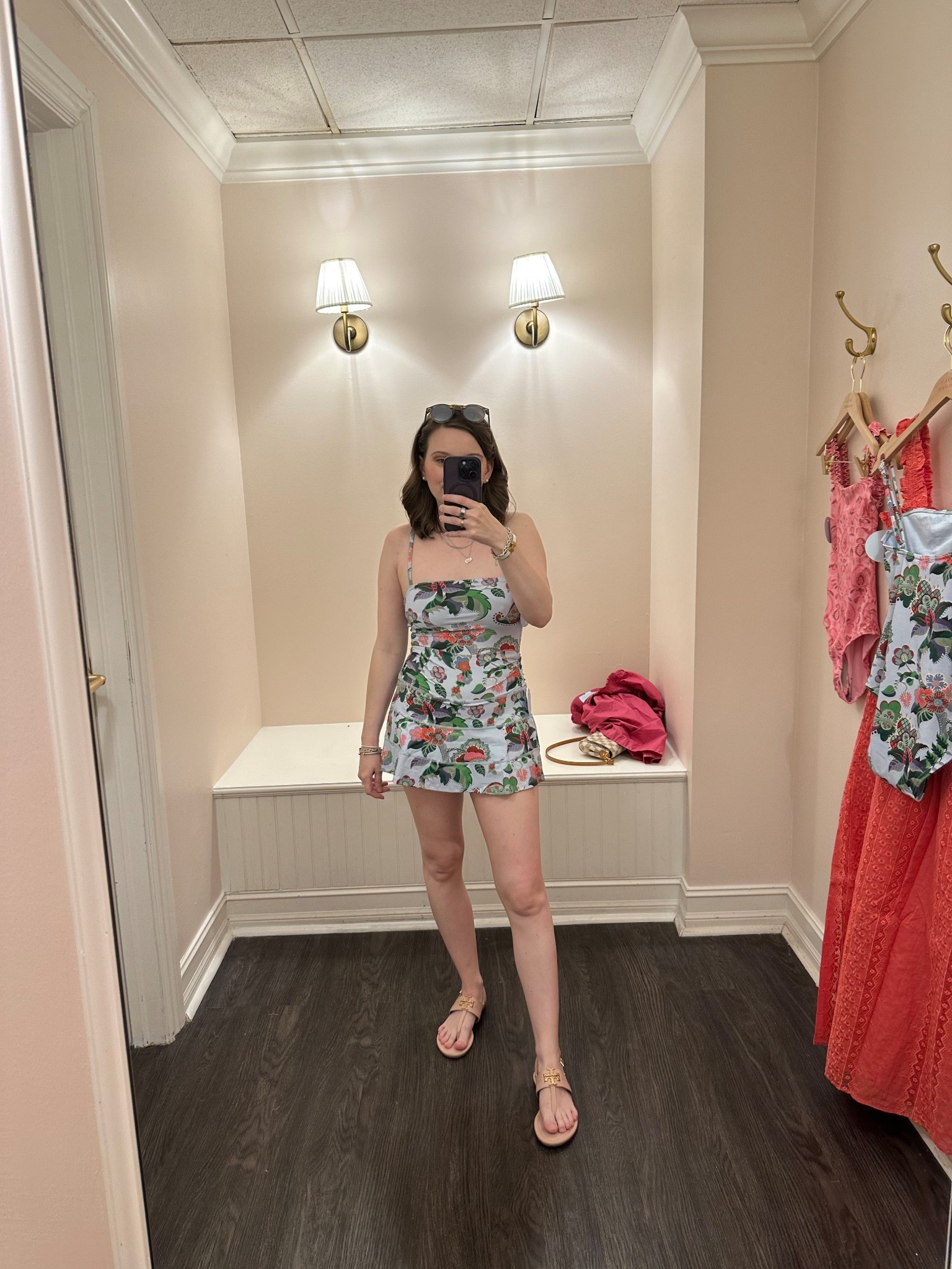 Tried on this swimsuit and swim skirt at Hill House Home Naples pop up! I ended up purchasing. 

Swimsuit- I sized up for extra comfort, but normal size fit, bought S
Swim skirt- TTS, bought XS 

#LTKTravel