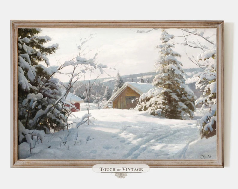 Printable Vintage painting of a chalet in the snow, winter landscape print, woodlands winter wall... | Etsy (US)