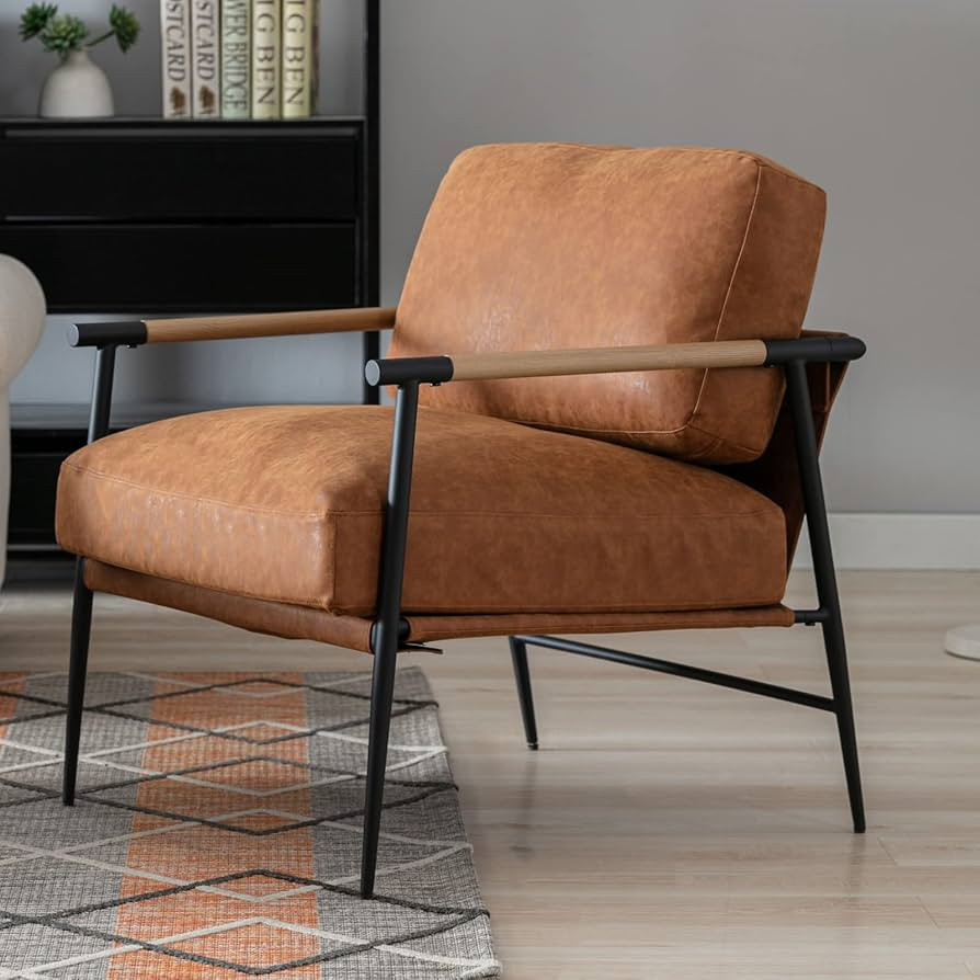 Mid-Century Accent Chair, Soft Armchair PU Leather Lounge Chair with Black Metal Legs, Upholstere... | Amazon (US)