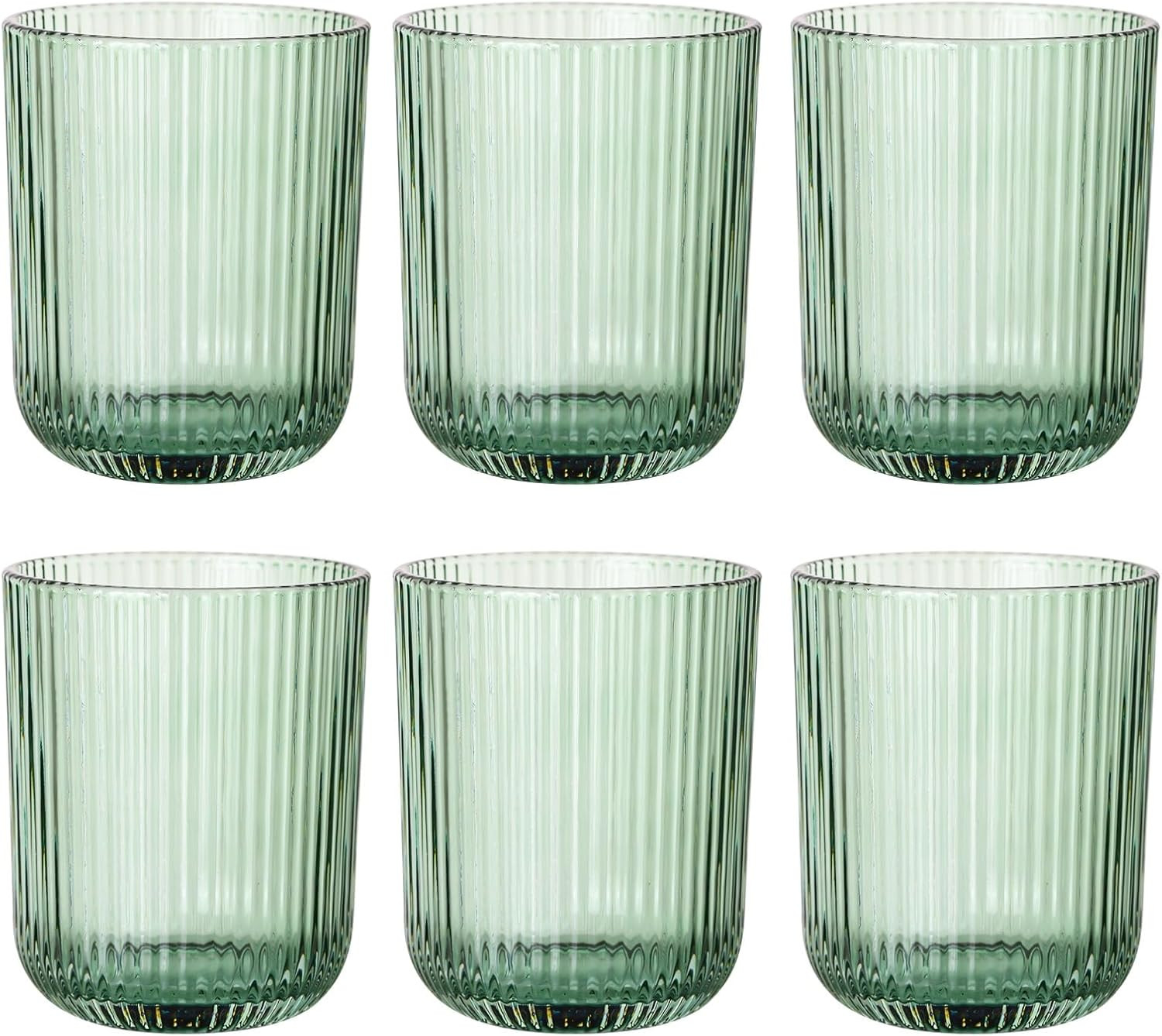 Green Ribbed Highball Glasses Set of 6, 8.5oz Sage Green Vintage Glassware, Drinking Glasses for Water, Juice, Coffee, Cocktails, Green Glass Cups, Housewarming & Christmas Gift | Amazon (US)