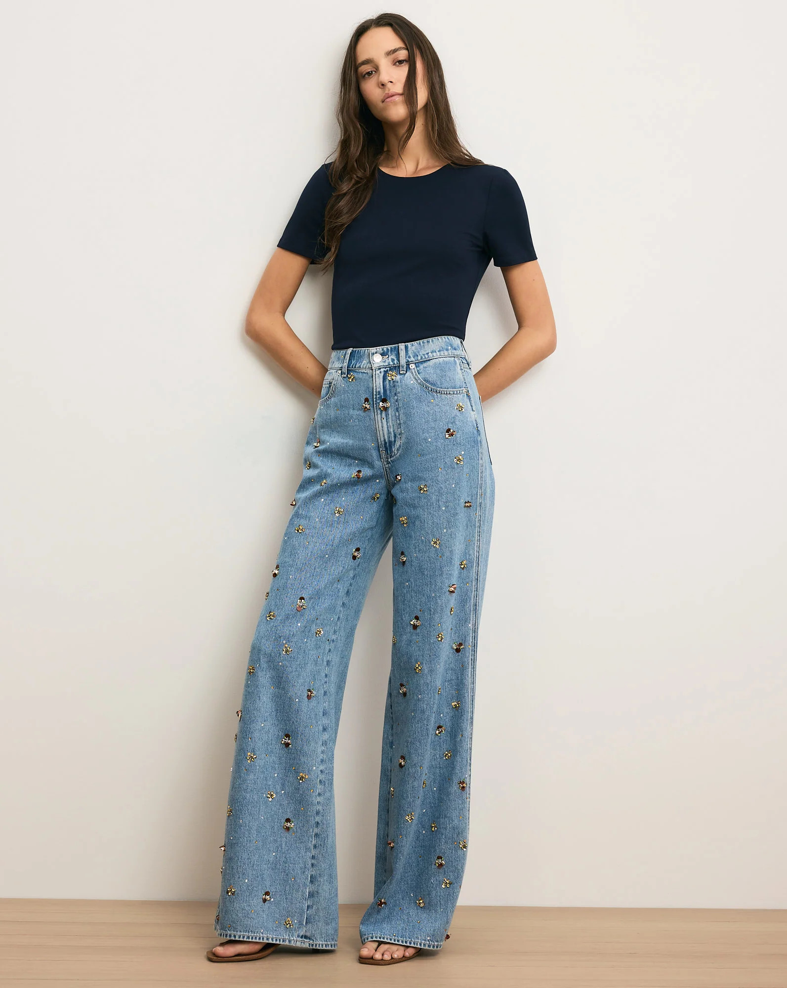 Kasey Embellished Wide-Leg Jean in Light Wash Denim Silver Dust | Veronica Beard | Veronica Beard