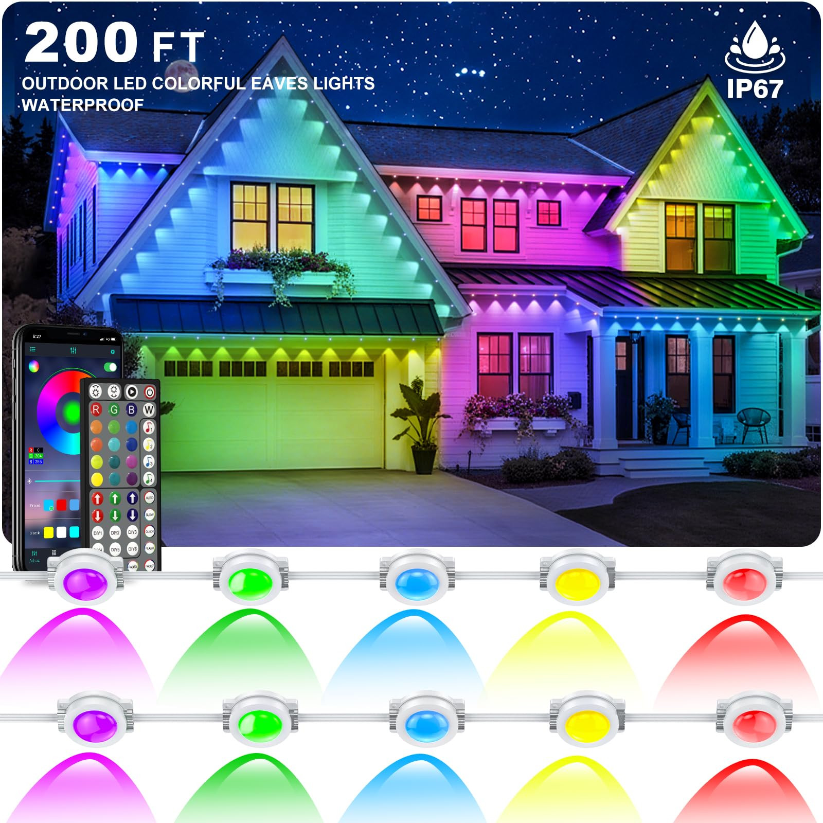 Permanent Outdoor Lights,200FT RGB Eave Light,IP67 Waterproof Lighting for House,Smart LED with A... | Amazon (US)
