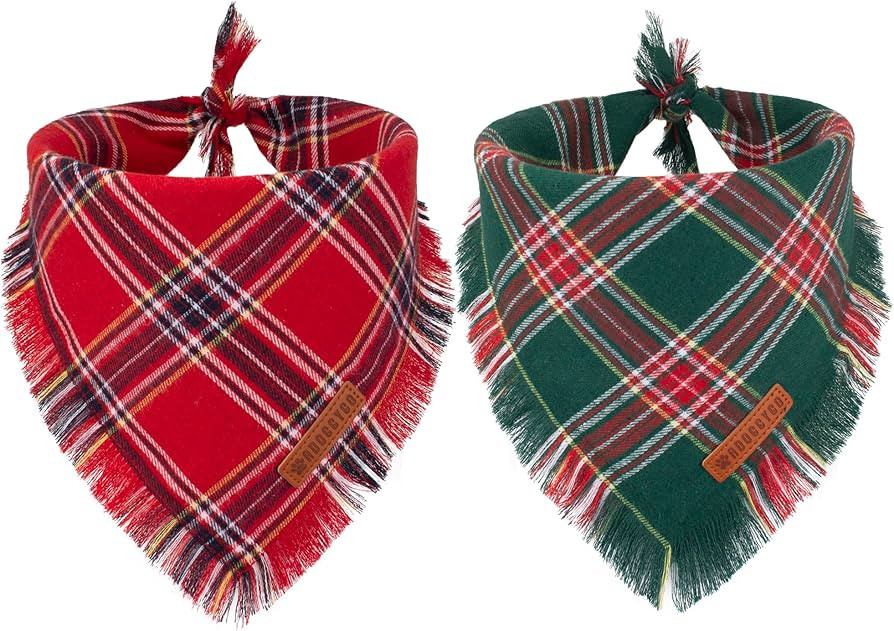 ADOGGYGO Christmas Dog Bandanas with Tassels Edges, Stylish Red Green Plaid Dog Christmas Scarf B... | Amazon (US)