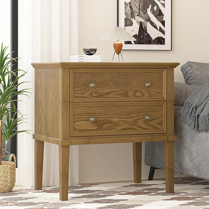 IKENO Solid Wood Nightstand with 2 Drawers, Wooden Bed Side Table, Tall Wooden Night Stand, End T... | Amazon (US)