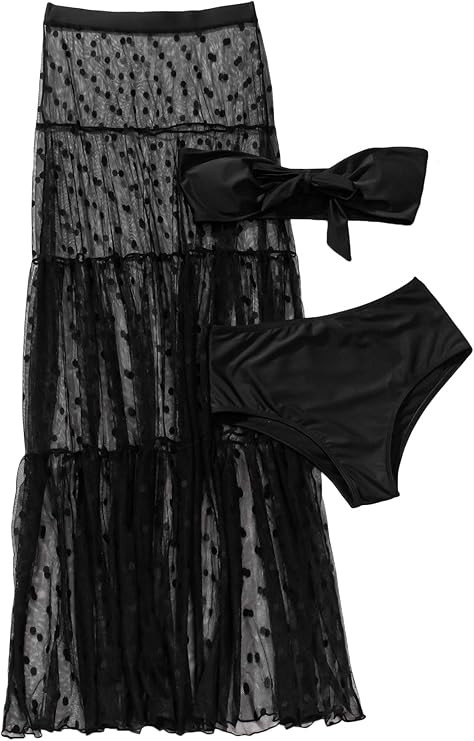 SheIn Women's 3 Pieces Tie Front Tube Top Bikini Swimsuit and Swimwear Cover Up Beach Skirt | Amazon (US)