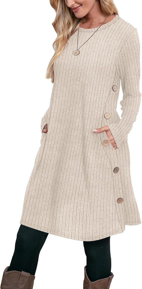 OFEEFAN Fall Dresses for Women 2026 Crew Neck Long Sleeve Dress with Pockets | Amazon (US)
