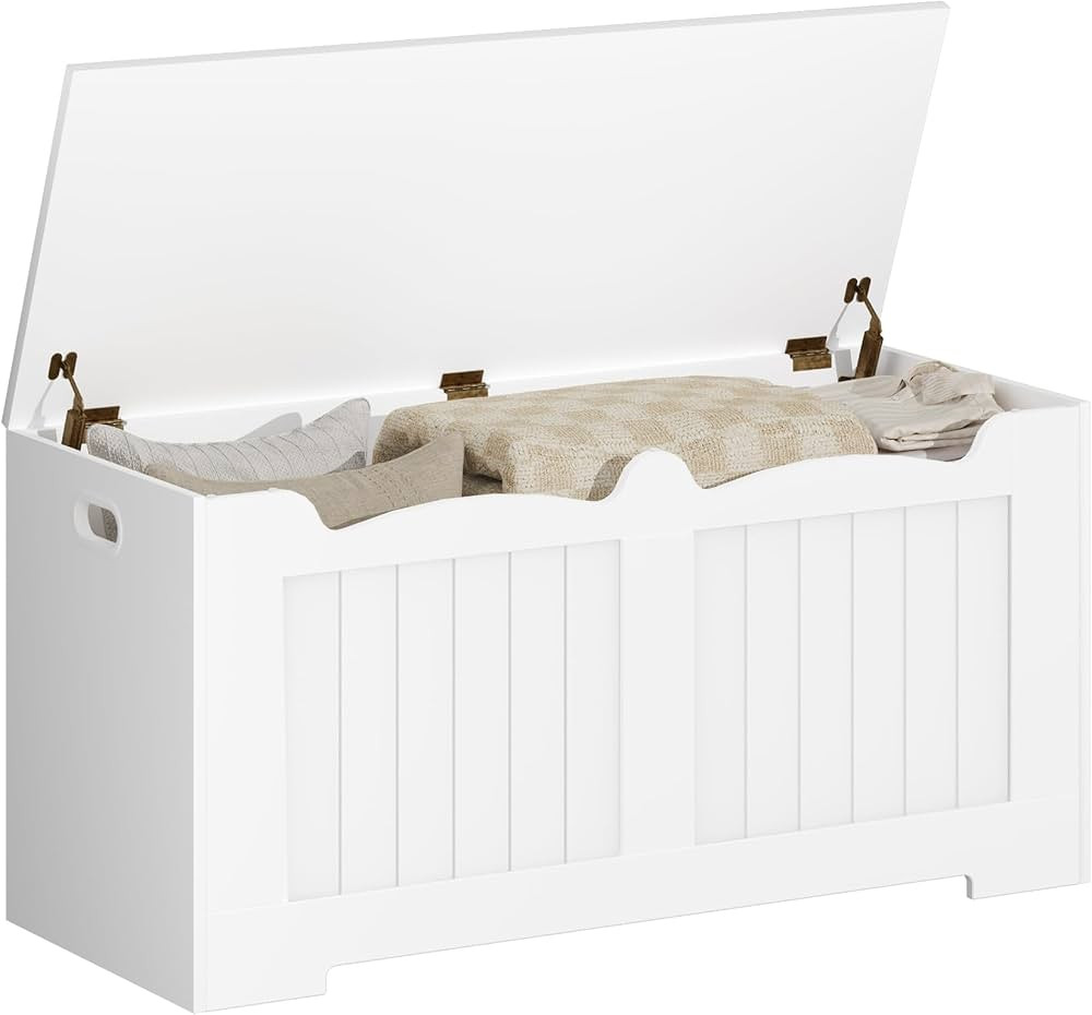 39.4" Storage Chest, Storage Bench Trunk with 2 Safety Hinges, Wooden Box, Lift-Top Chest Organizer, Shoe Bench for Entryway, Bedroom, Living Room, White 01003XSB | Amazon (US)