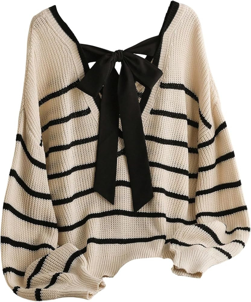 SOLY HUX Women's Plus Size Bow Sweater, Striped Sweater with Bows Back, Off The Shoulder Knit Top... | Amazon (US)