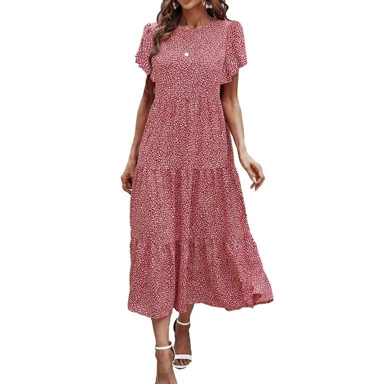 Fantaslook Dresses for Women Summer Casual Boho Dress Floral Print Ruffle Sleeve Midi Beach Dress... | Walmart (US)