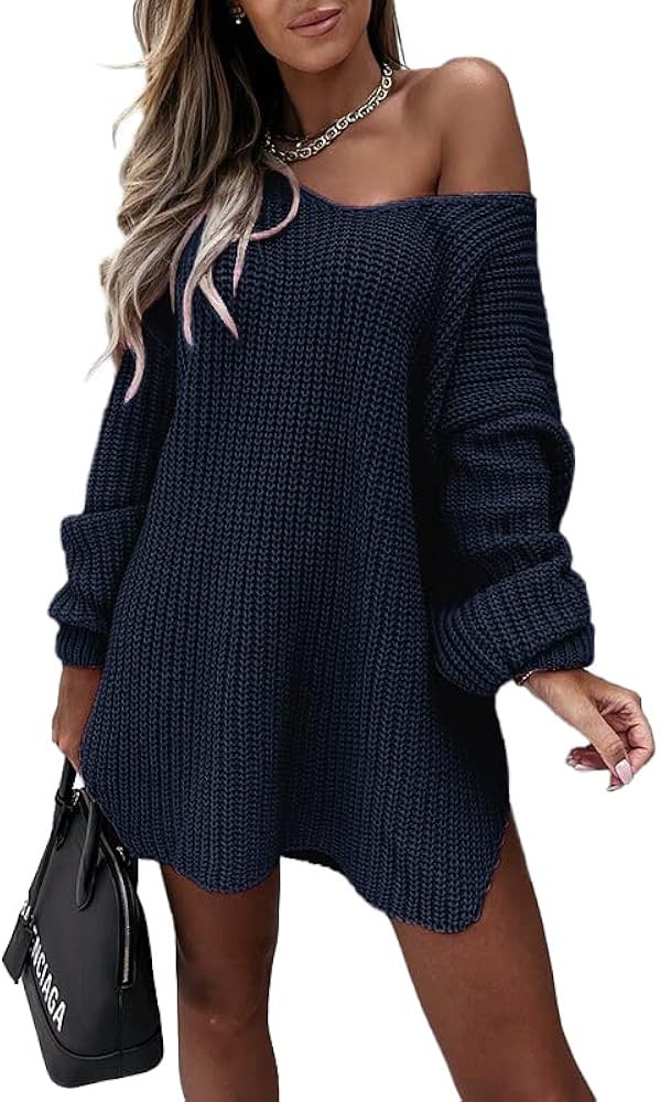 NOLLSOM Women Casual Long Sleeve Relaxed Fit Sweater Dresses Off Shoulder Solid Ribbed Knit Long Pul | Amazon (US)
