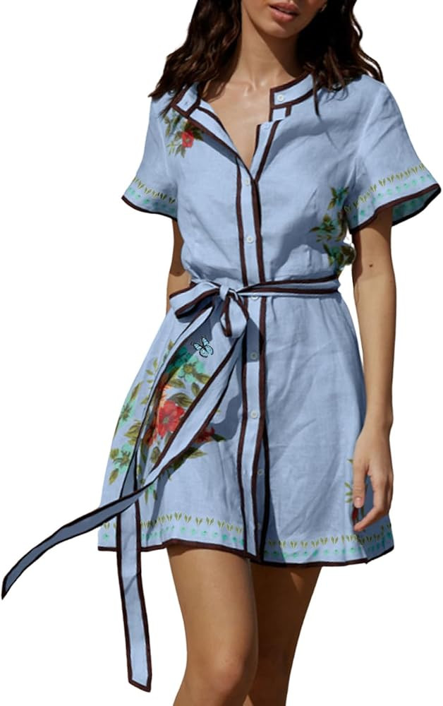 CHARTOU Women's Floral Linen Button Down Wrap Tie Knot Boho Beach Shirt Dress with Belt | Amazon (US)