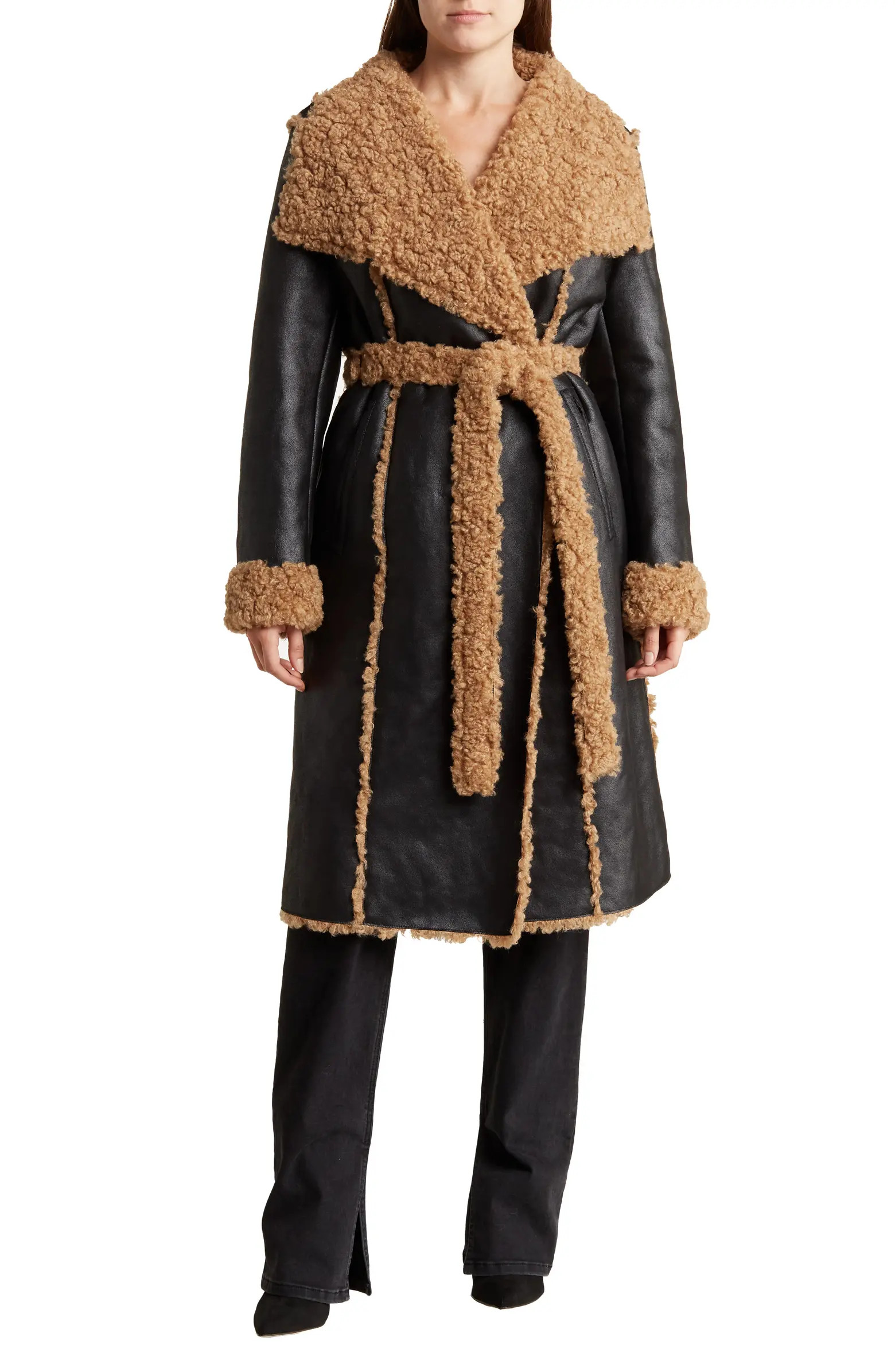 Belted Faux Shearling Lined Faux Leather Coat | Nordstrom Rack