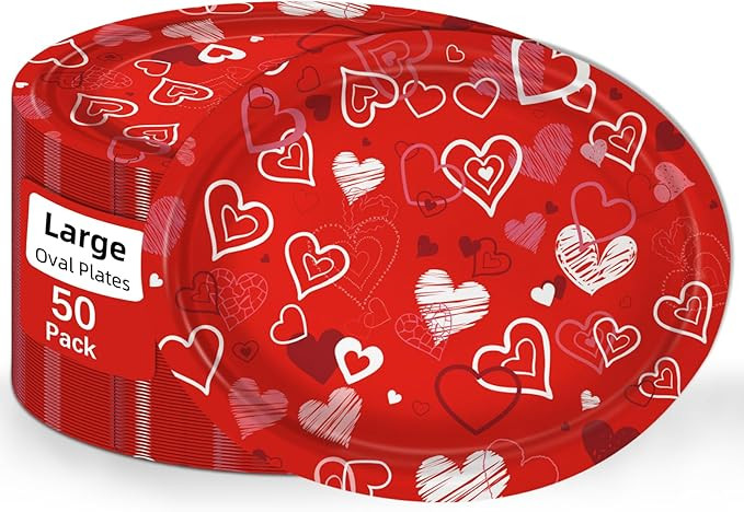 50 Pack Oval Valentine's Day Plates 12 x 10 Inch Valentine's Day Paper Plates Heavy Duty - Large ... | Amazon (US)