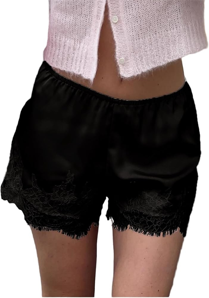 UAURORAO Women Satin Silk Shorts Lace Trim Patchwork Mini Micro Shorts Silky Low Rise Coquette Lo... | Amazon (US)