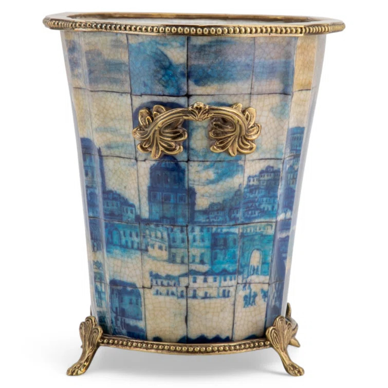 Porcelain Oval Planter With Bronze Ormolu Azure Village Collection | Perigold