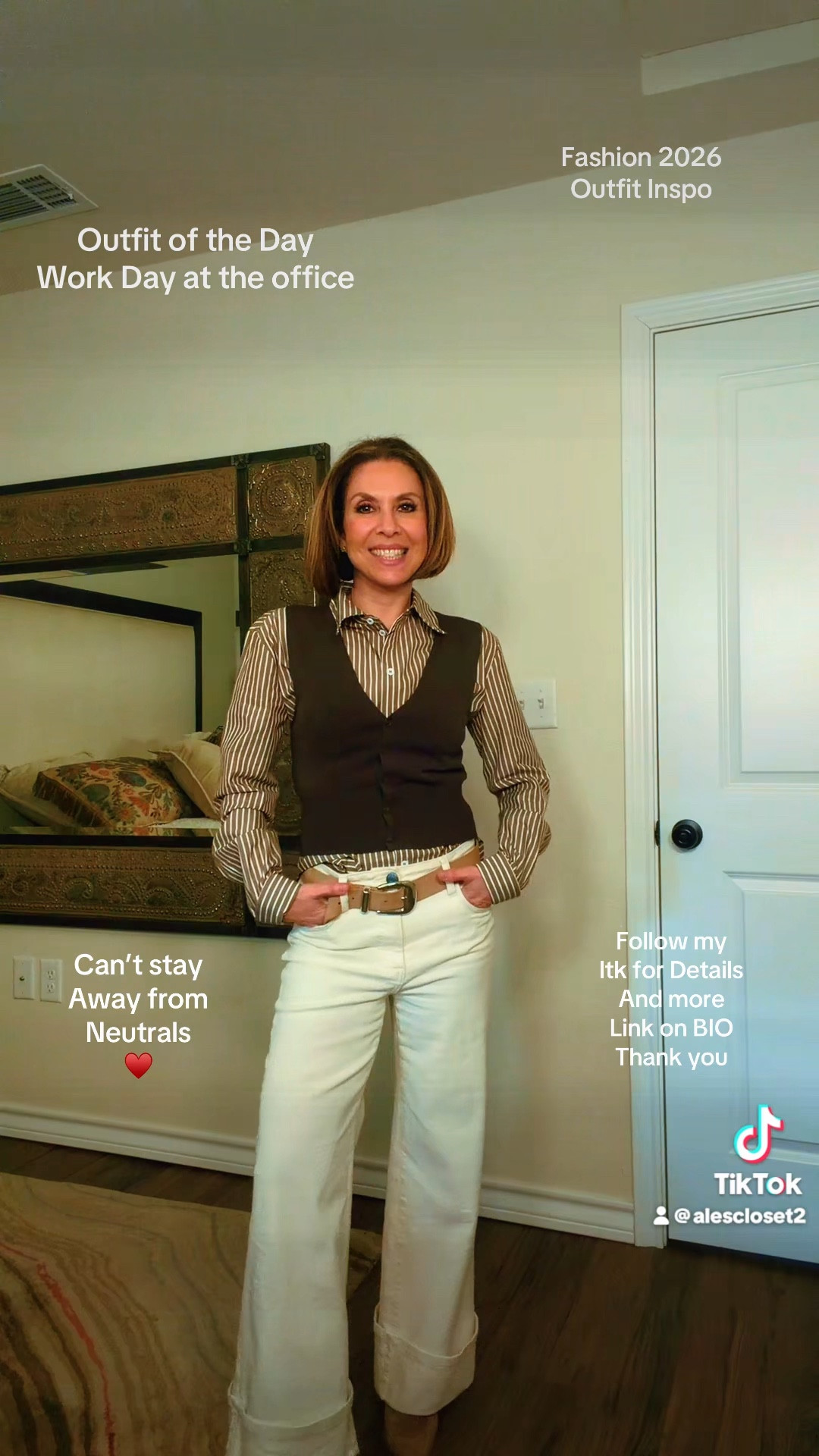 Love this polished-but-fun office moment 🤎✨

Neutrals will always have my heart. This striped button-down + tailored vest combo is giving structured, confident, and feminine all at once. I sized up to a small in the shirt for a little extra room (XS would have fit too, but if you want this relaxed look — size up). Same with the brown vest — wearing a small instead of XS so it layers comfortably over tops (and it’s on sale 🙌🏼).

Paired with these chic cream trousers for a timeless workday look that still feels modern and effortless.



#WorkWearStyle
#OfficeOutfitInspo
#NeutralStyle
#LayeredLook
#CorporateChic
#Fashion2026
#LTKStyle

#LTKWorkwear #LTKOver40 #LTKSeasonal