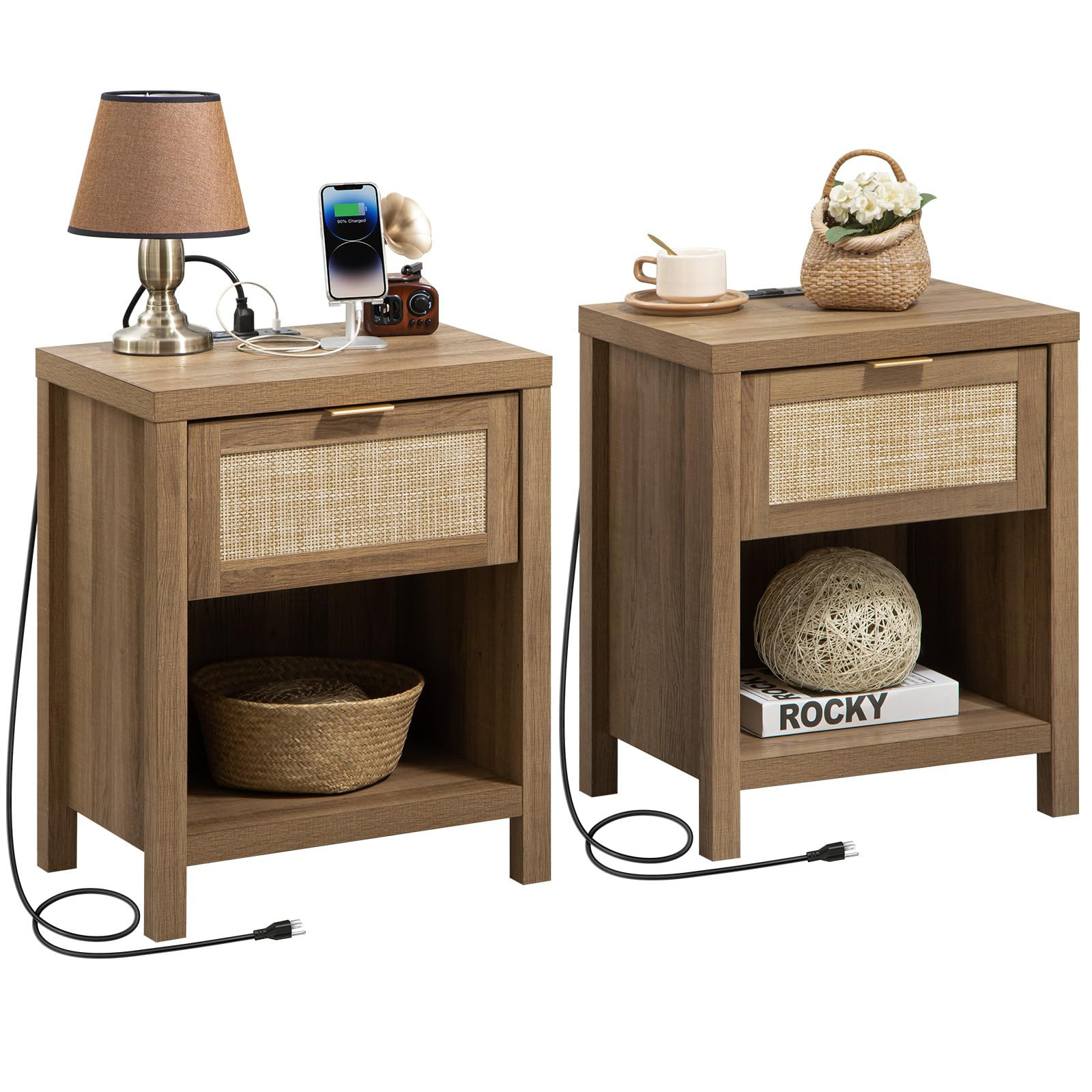 SICOTAS Nightstands Set of 2 with Charging Station Rattan Night Stand with Drawer Boho Bedside Ta... | Amazon (US)