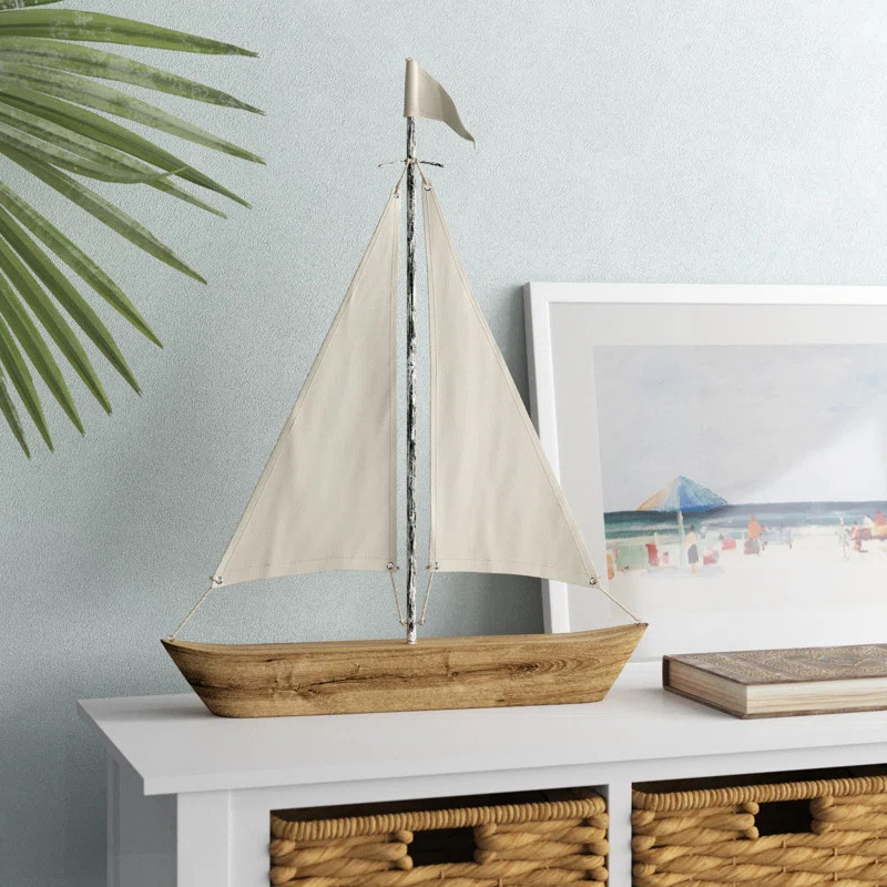 Armentrout 21" Brown And Natural Wood Metal And Fabric Sailboat Tabletop Sculpture | Wayfair North America