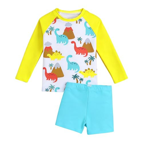Toddler Boy Swimsuit Boys Swim Set 2 Piece Long Sleeve Boys Swimming Shirt Trunks Rash Guard Bathing Suits 4-5t Yellow Dinosaurs L | Amazon (US)