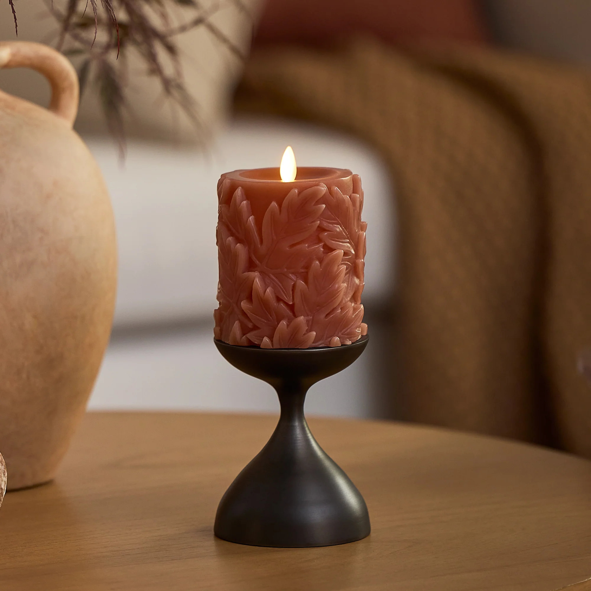 Caramel Café Embossed Leaves Flameless Candle Pillars | Luminara