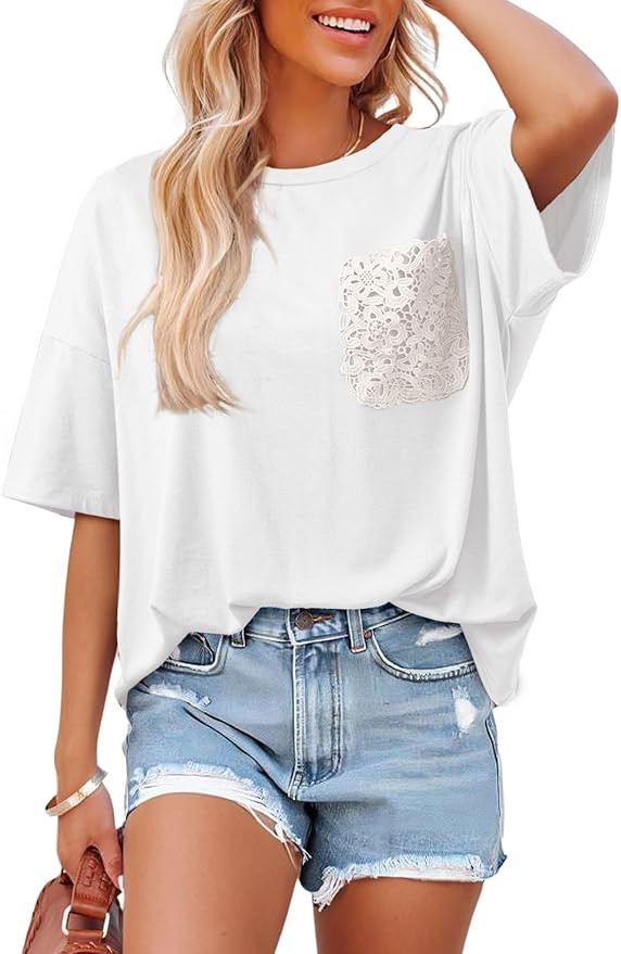 Dokotoo Womens Tops Cute Lace Summer Short Sleeves Oversized Casual T Shirts Lace Pockets | Amazon (US)