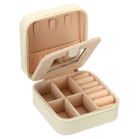 Uxcell Travel Jewelry Case Small Jewelry Organizer Portable Mini Jewelry Box with Mirror Square Style 1 Beige | Walmart (US)
