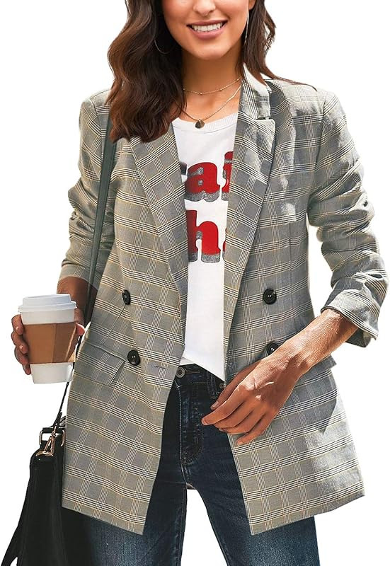 LookbookStore Women's Casual Check Plaid Loose Buttons Work Office Blazer Suit | Amazon (US)