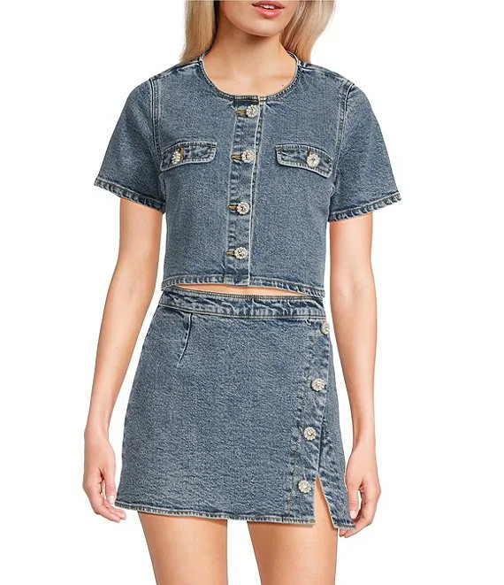 Woven Denim Coordinating Pearl Button Top | Dillard's
