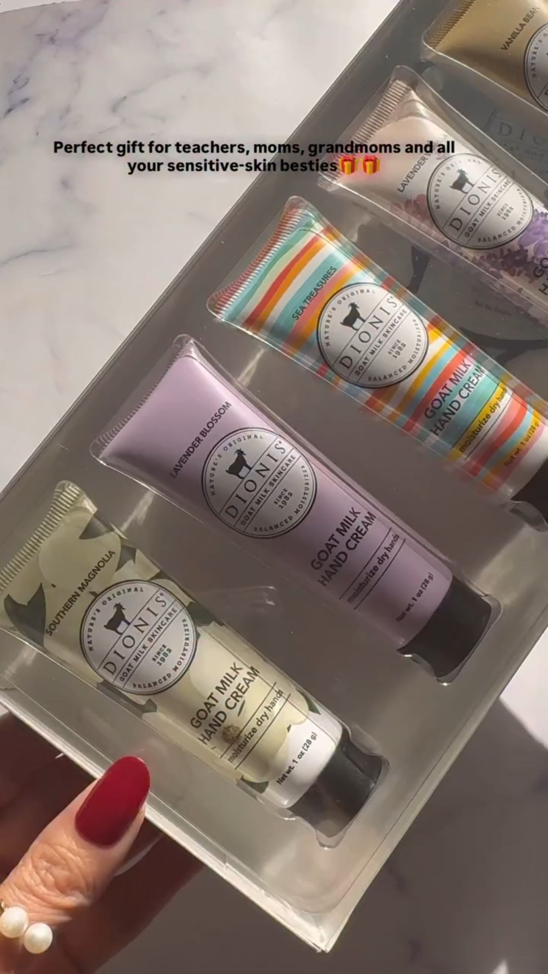 If you are Holiday gift shopping, then checkout Dionis gift sets.. Dionis has some great options at every price point this year. Dionis formulas use real farm-fresh goat milk for long-lasting hydration - perfect for winter weather and sensitive skin. Goat milk is rich in lactic acid, which helps smooth and hydrate for a healthy glow and get you glowing this winter like a Christmas tree. 

This Inspire Hand Cream Gift Set has five travel-friendly tubes of goat milk hand creams in a variety of captivating fragrances to keep your hands soft, smooth, and hydrated anywhere you go. The set includes: 

✨Vanilla Bean Goat Milk Hand Cream: Warm and irresistibly sweet, creamy vanilla.

✨Lavender Vanilla Goat Milk Hand Cream: Fields of fragrant lavender blended with a hint of vanilla.

✨Sea Treasures Goat Milk Hand Cream: Nostalgic warm ocean breezes intertwined with the soft floral of sweet pea.

✨Lavender Blossom Goat Milk Hand Cream: Delightful aurelian lily blossom, juicy orange, and cassis, surrounded by jasmine, rose, and lavender on a creamy background of coconut, apricot nectar, and musk.

✨Southern Magnolia Goat Milk Hand Cream: A soft white magnolia note blended with sweet hints of orange peel and jasmine petals topped off with uplifting breath of sea breeze and sandalwood.

@dionisskincare #jointheherd #bestholidaygifts #gifted #goatmilkskincare #holidaygift #holidaygiftideas #dionis #dionisskincare #dionisgiftset #dionisskincare #dionishandcream #sensitiveskinfriendly #goatmilkcream #goatmilkhandcream #handcreamset #holidaygiftideas #holidaygifting

#LTKGiftGuide #LTKFindsUnder50 #LTKBeauty