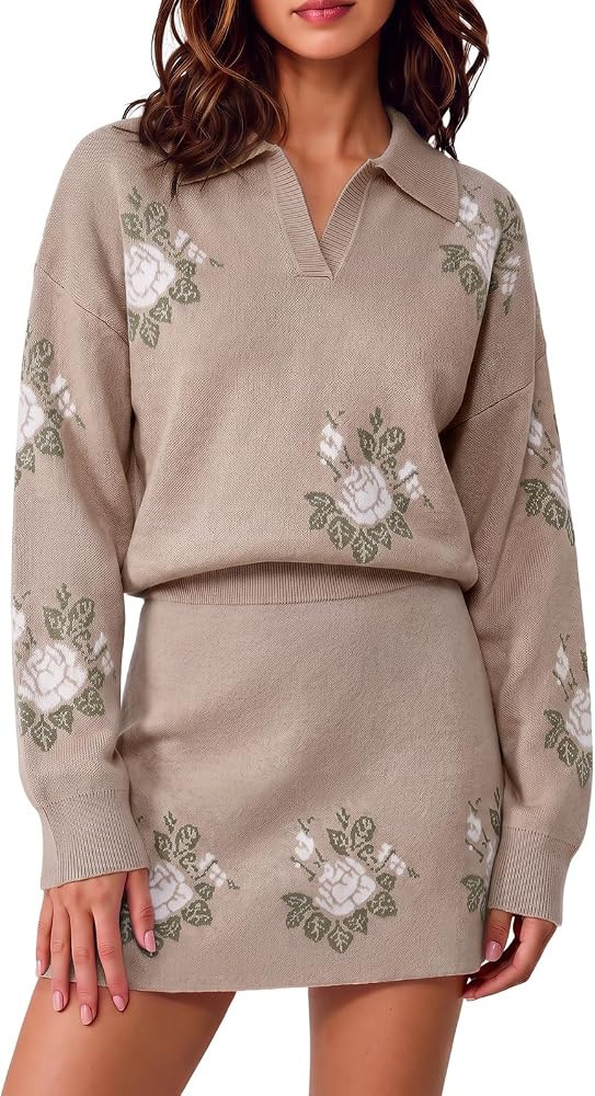 Wenrine Womens 2 Piece Outfits Floral Collared V Neck Fall Knit Skirt Sets | Amazon (US)